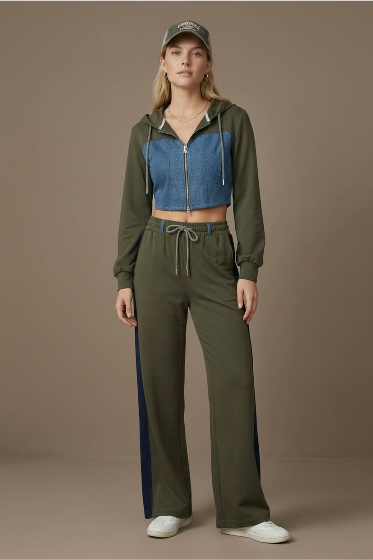 Denim Detail Cotton Tracksuit Set with Two-Way Zipper –  Olive