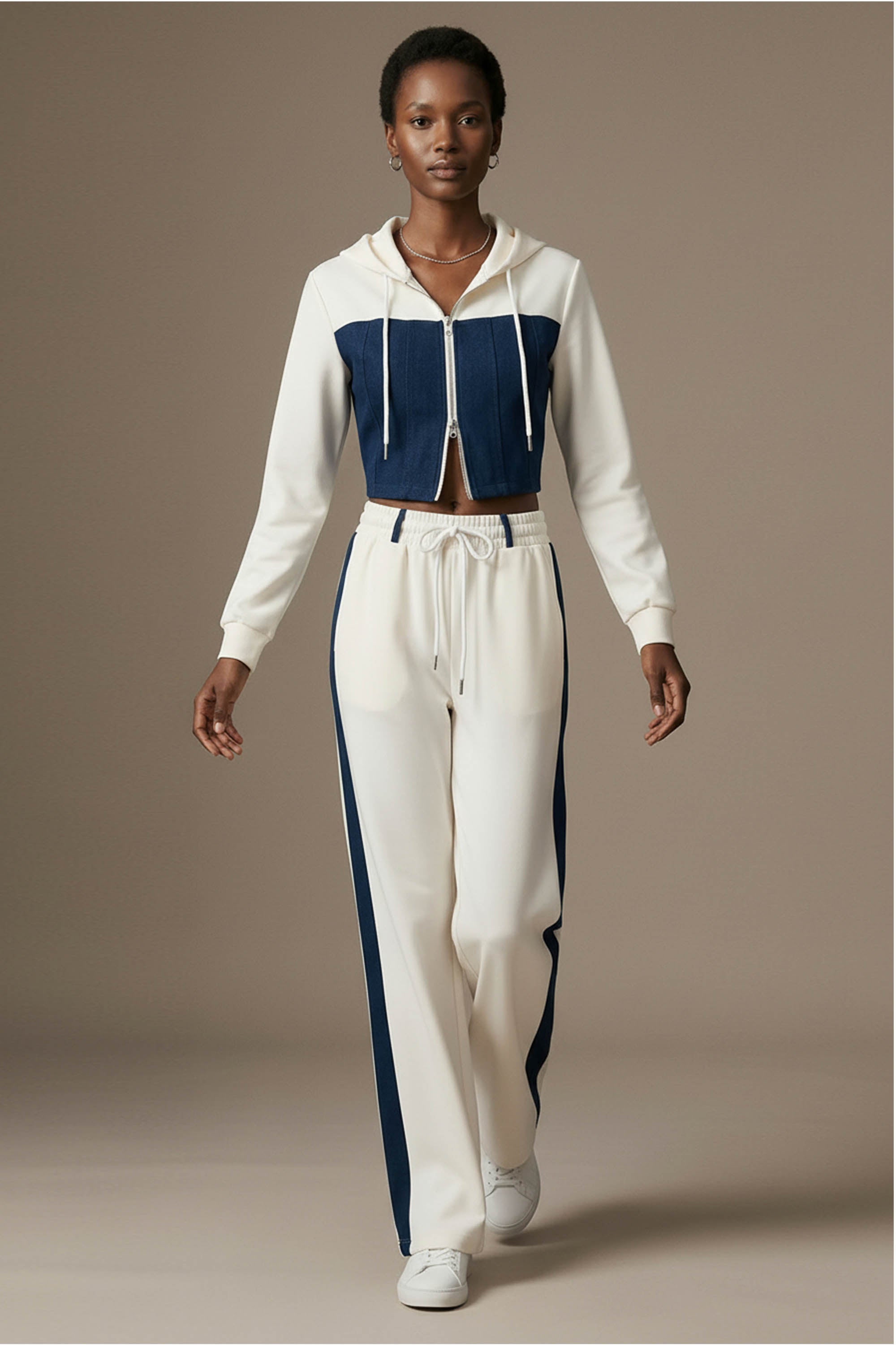 Denim Detail Cotton Tracksuit Set with Two Way Zipper – White