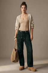 Flocked Pull-On Barrel Jeans – Green