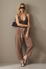 Flocked Pull-On Barrel Jeans – Chestnut