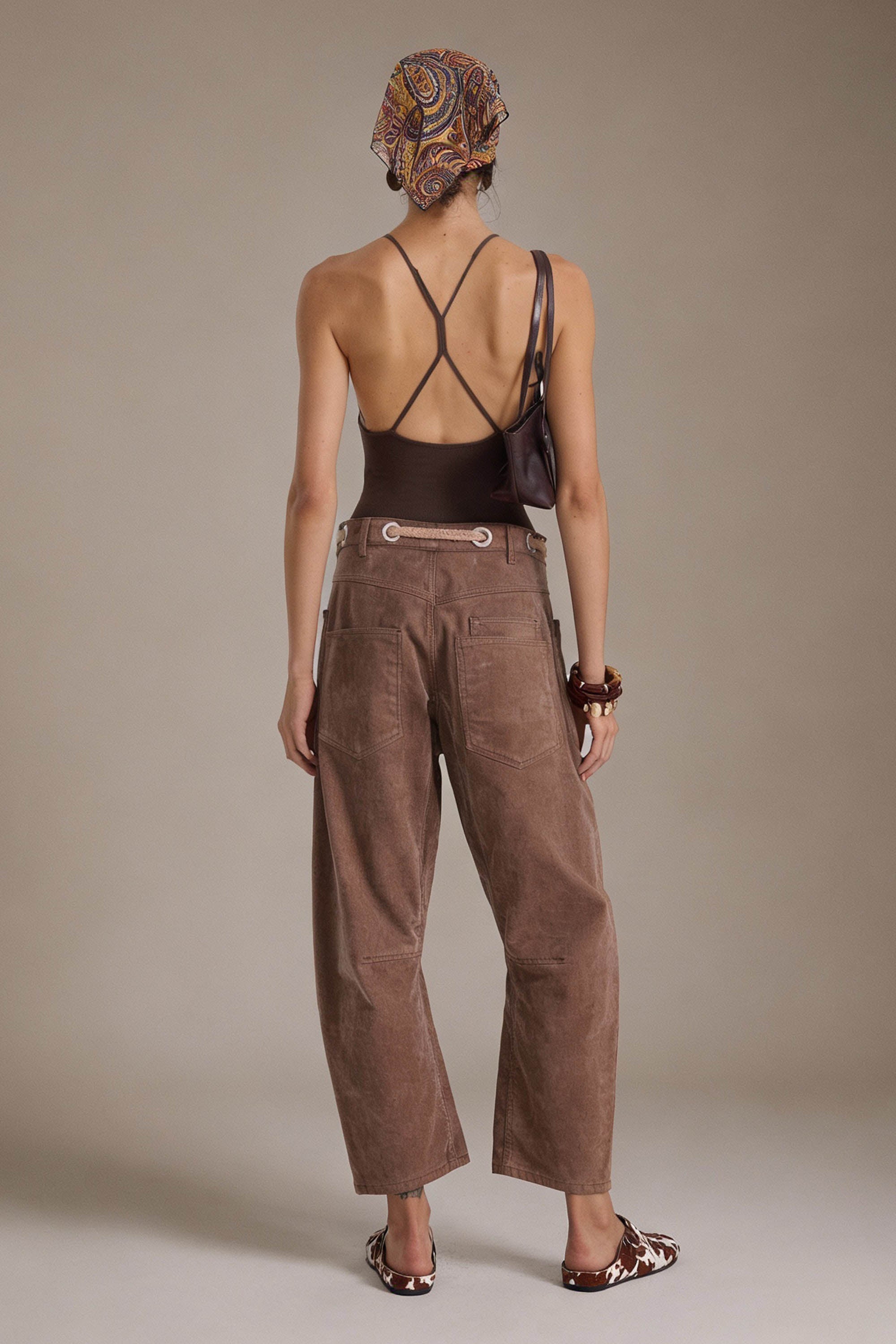 Flocked Pull-On Barrel Jeans – Chestnut