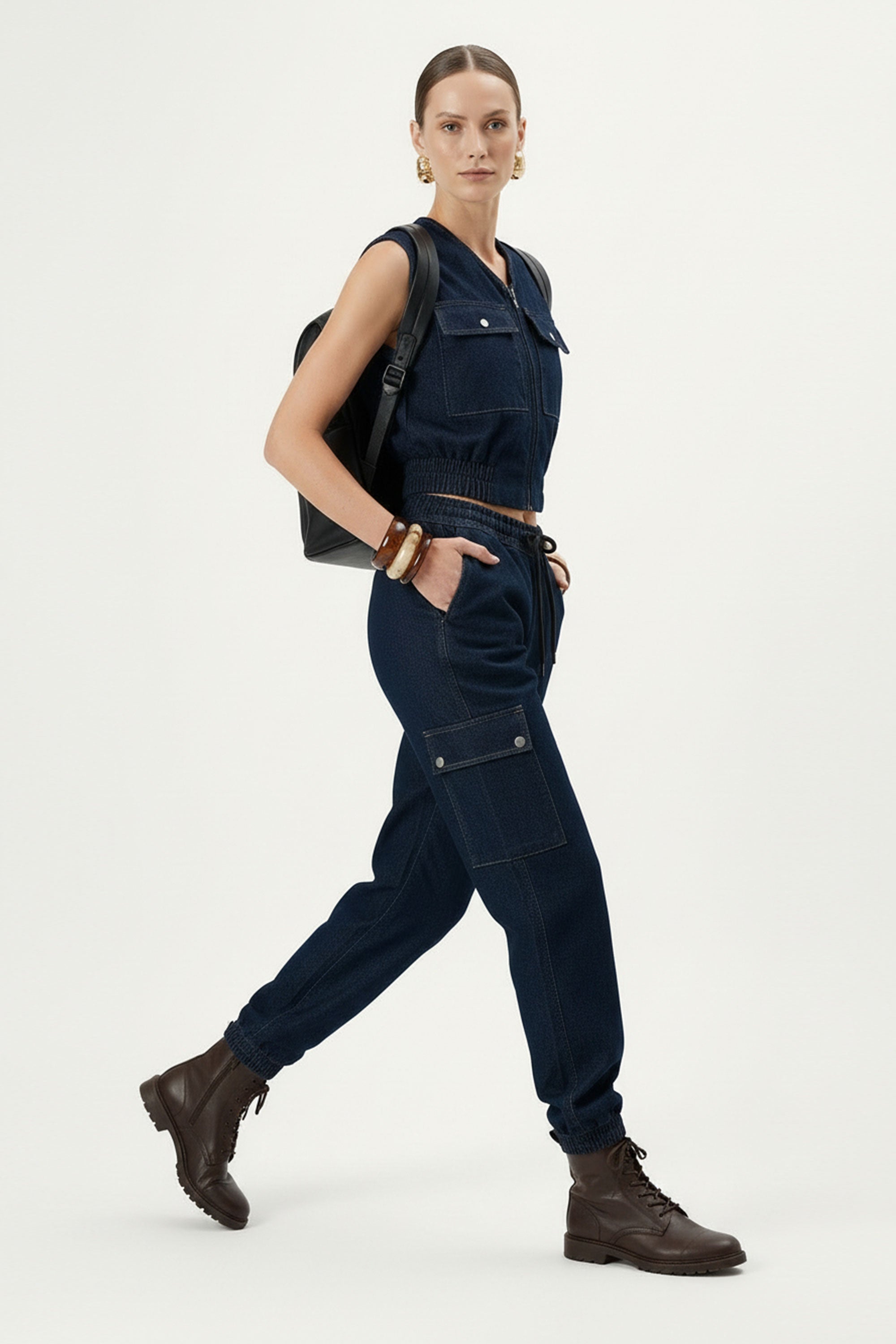Denim Cargo Set with Cropped Vest