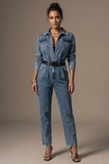 Denim Jumpsuit with Belted Waist