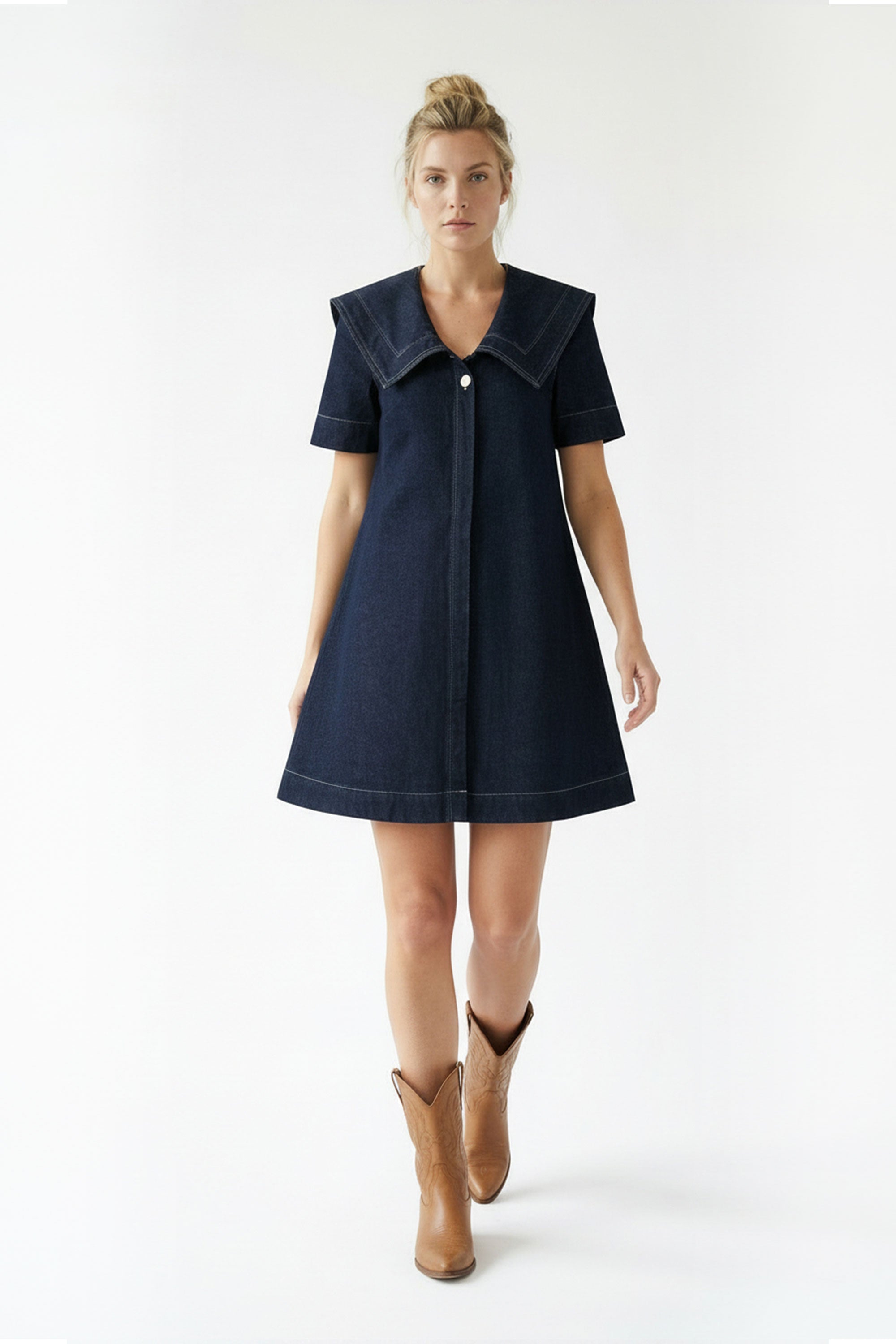 Denim Mini Dress with Oversized Collar