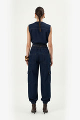 Denim Cargo Set with Cropped Vest