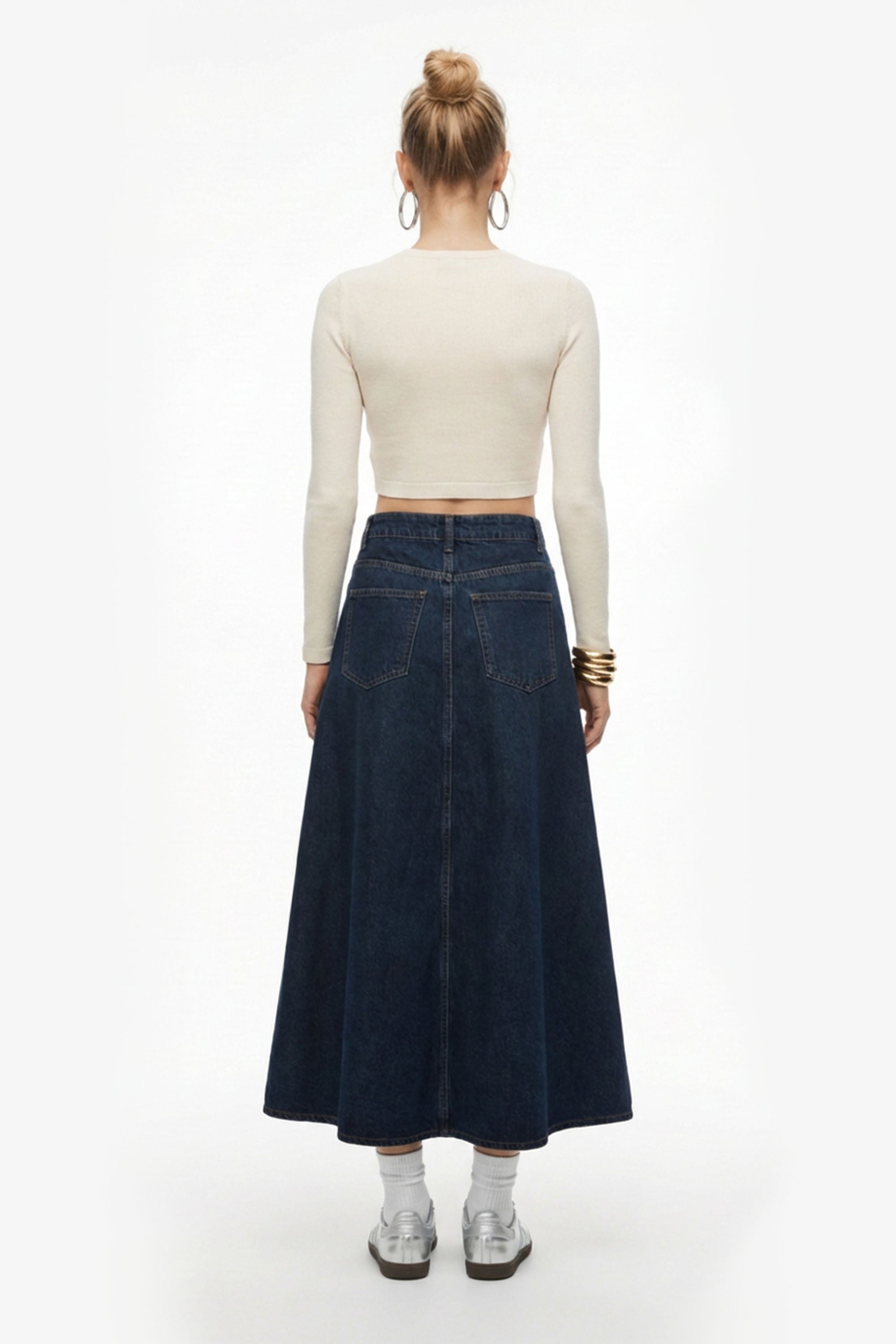 Denim Maxi Skirt with High Slit - Dark Indigo