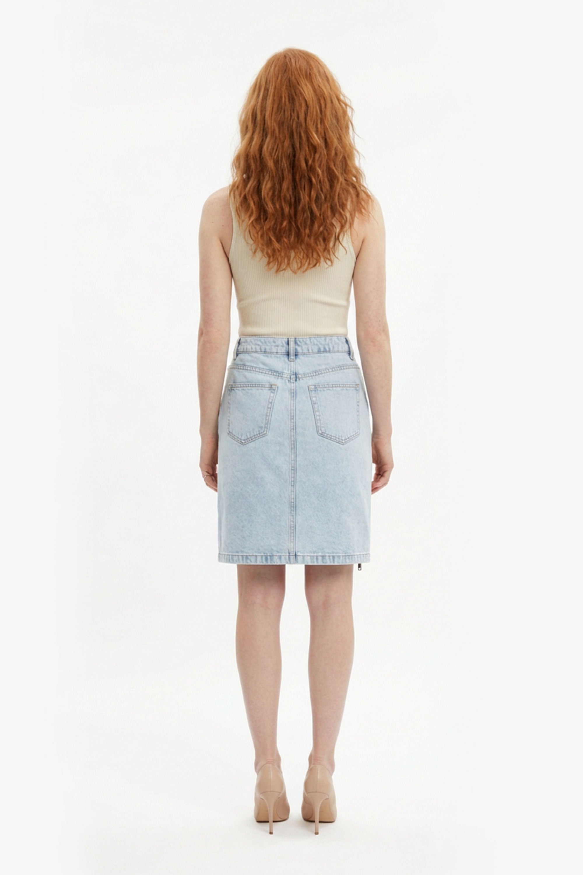 Denim Pencil Skirt with Front Slit - Light Blue