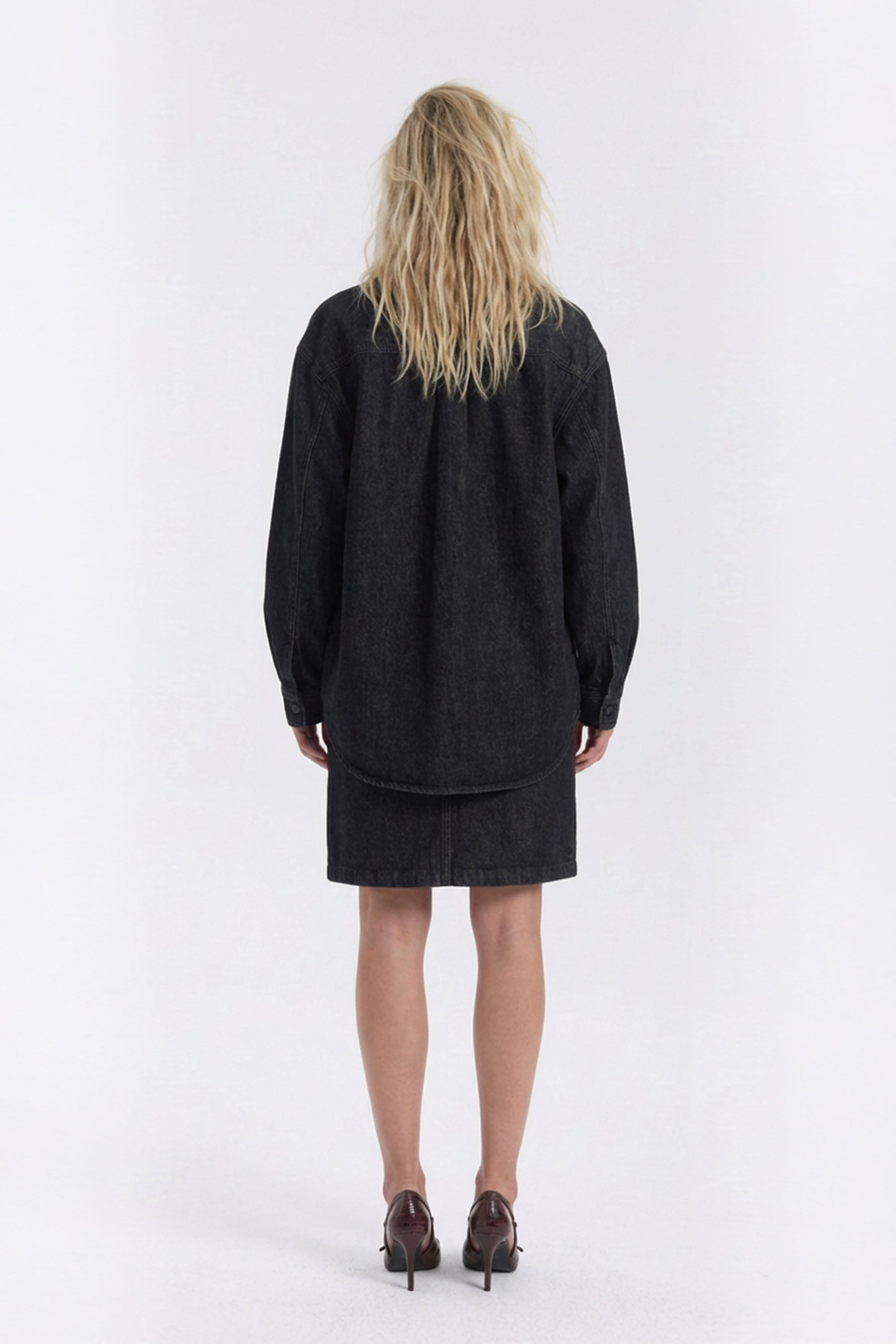 Denim Pencil Skirt with Front Slit - Black