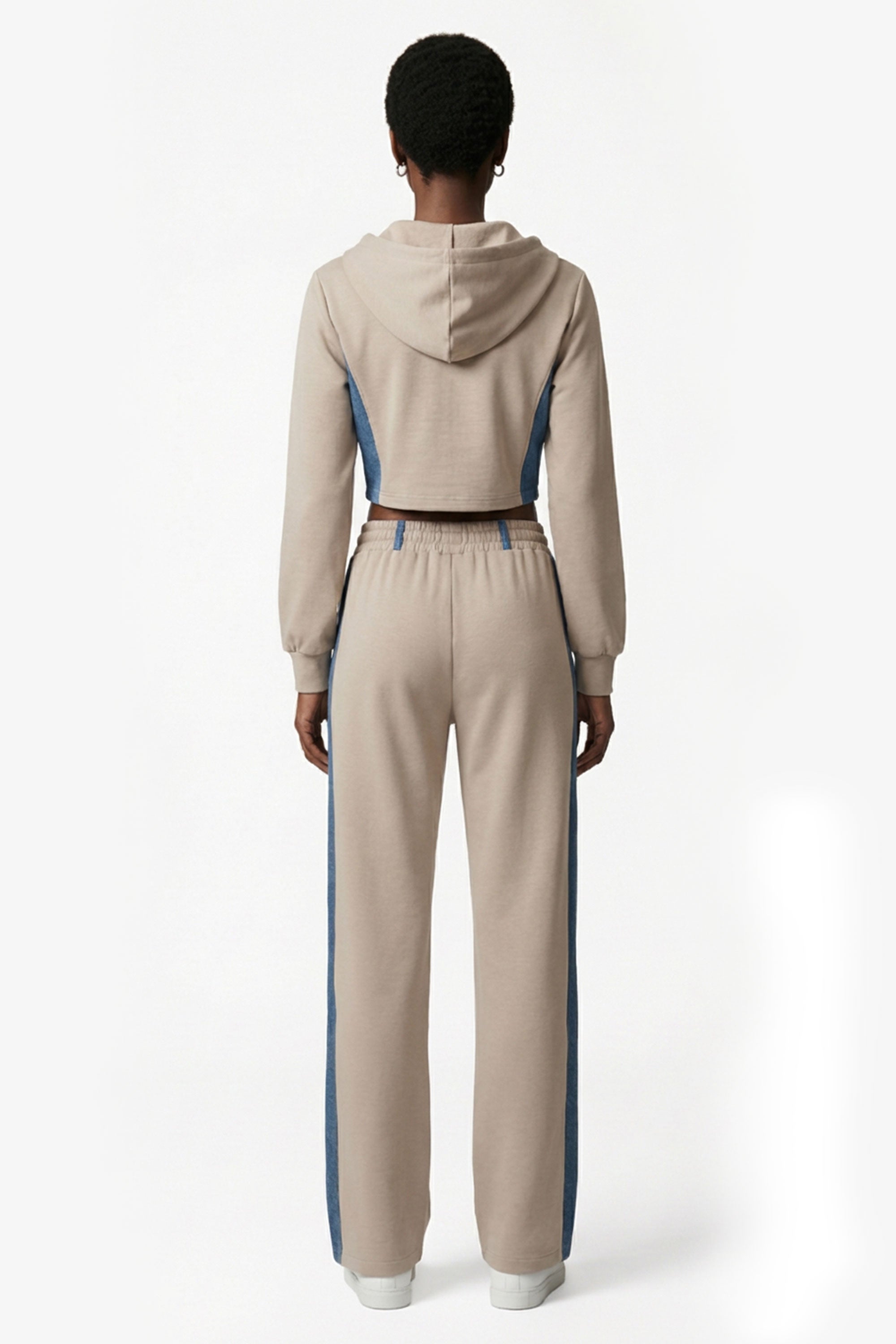 Denim Detail Cotton Tracksuit Set with Two-Way Zipper –  Light Beige