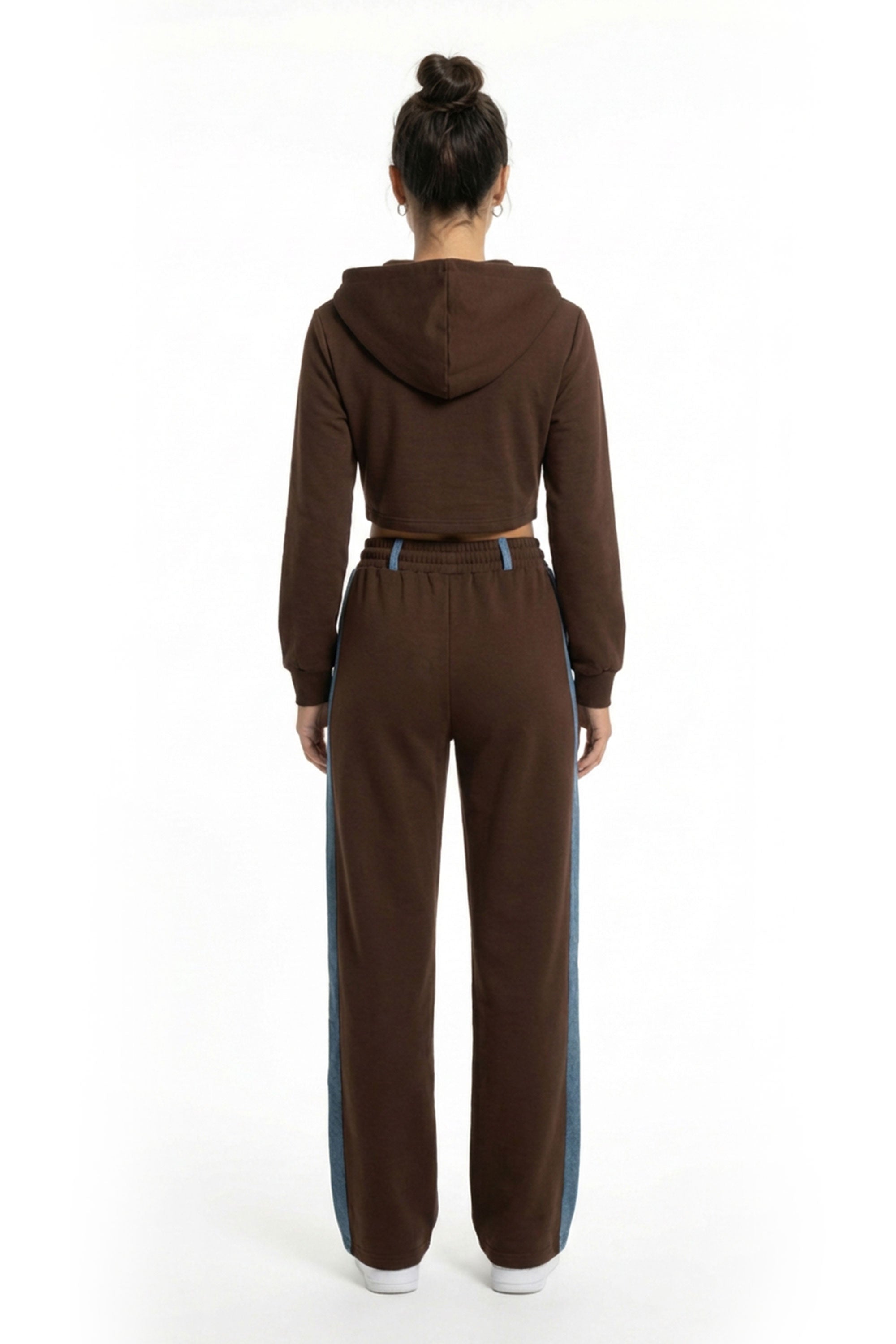 Denim Detail Cotton Tracksuit Set with Two-Way Zipper –  Brown