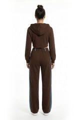 Denim Detail Cotton Tracksuit Set with Two-Way Zipper –  Brown