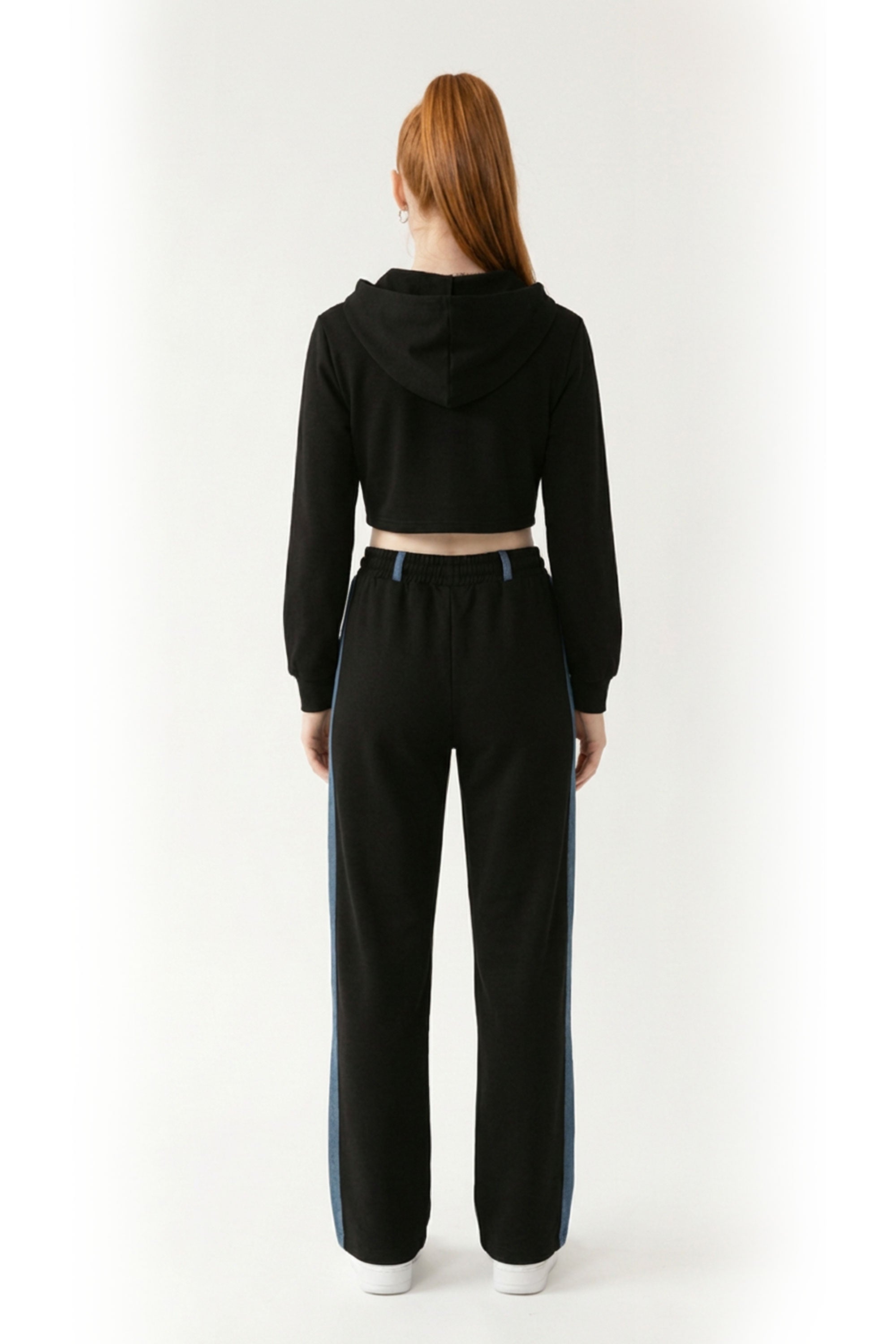 Denim Detail Cotton Tracksuit Set with Two-Way Zipper –  Black