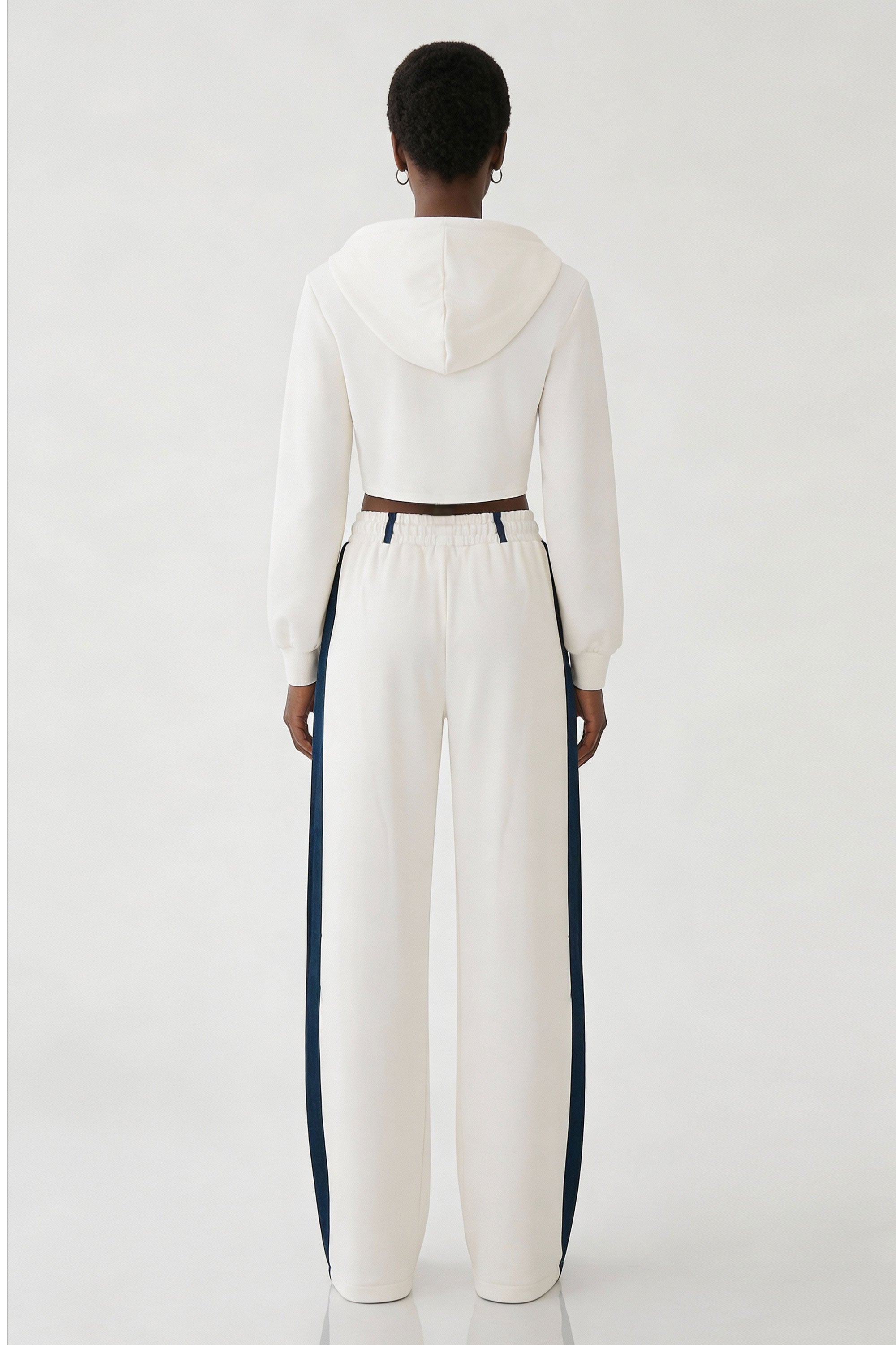 Denim Detail Cotton Tracksuit Set with Two Way Zipper – White