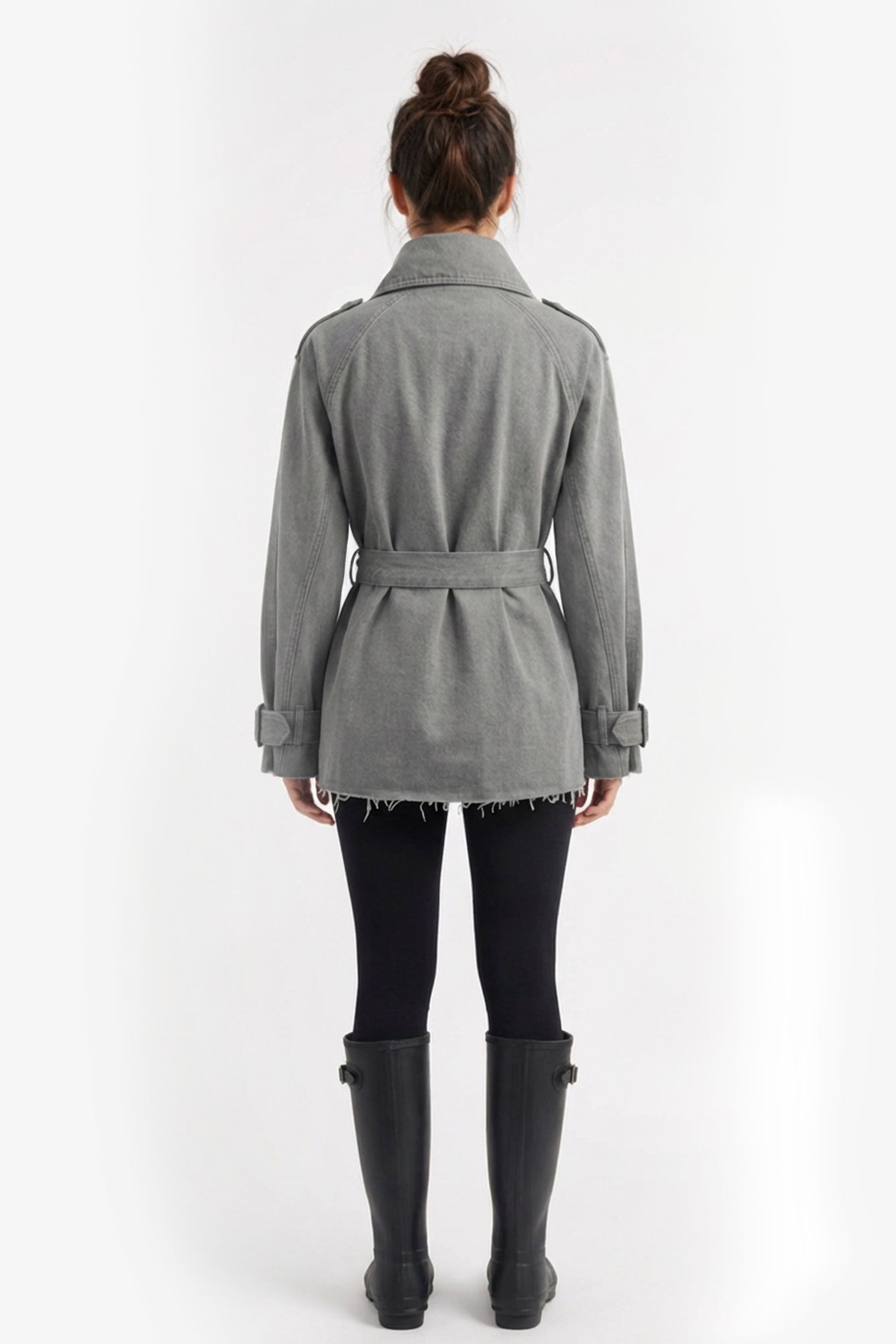 Denim Belted Short Trench Jacket - Gray