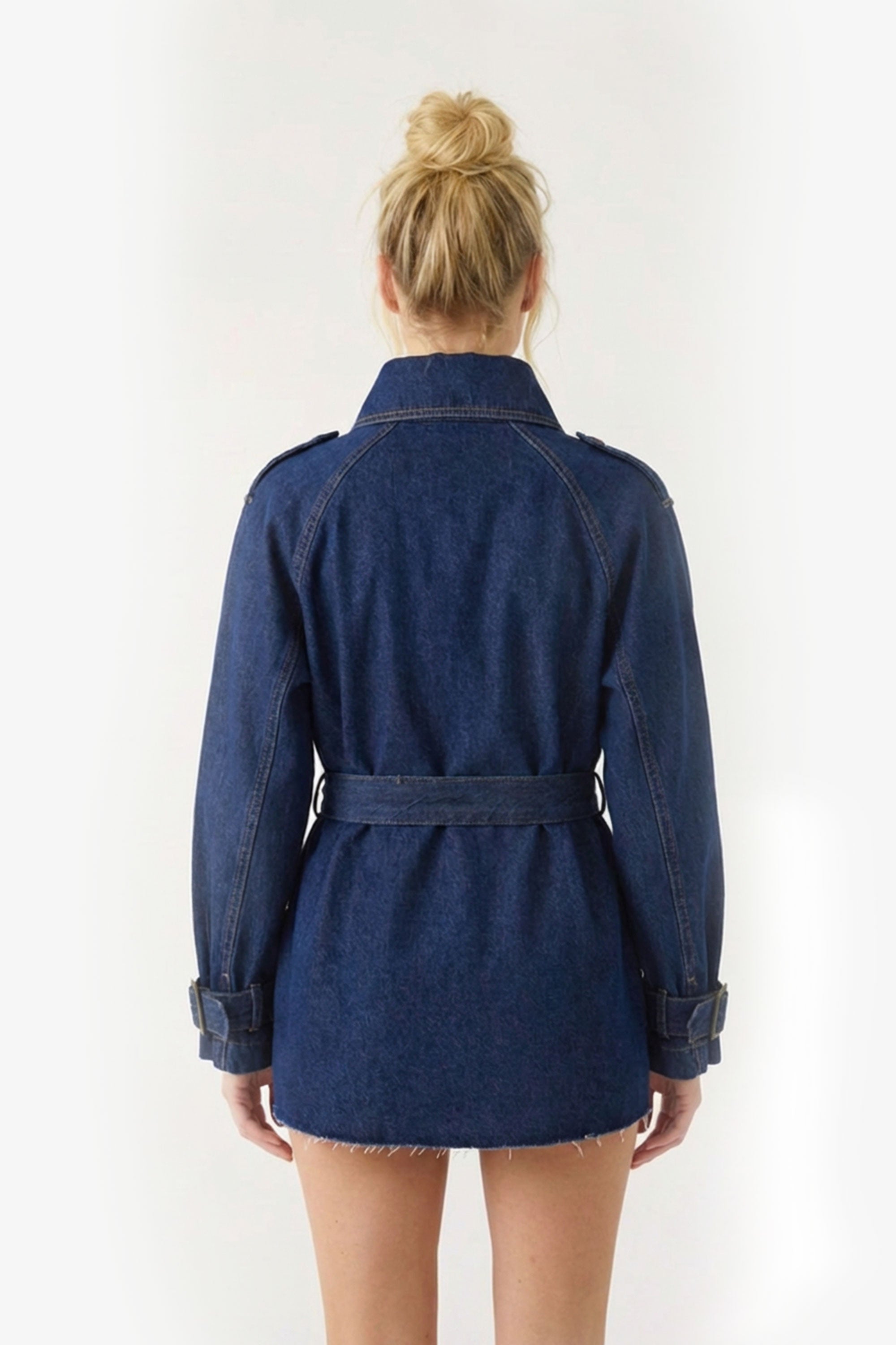 Denim Belted Short Trench Jacket - Indigo