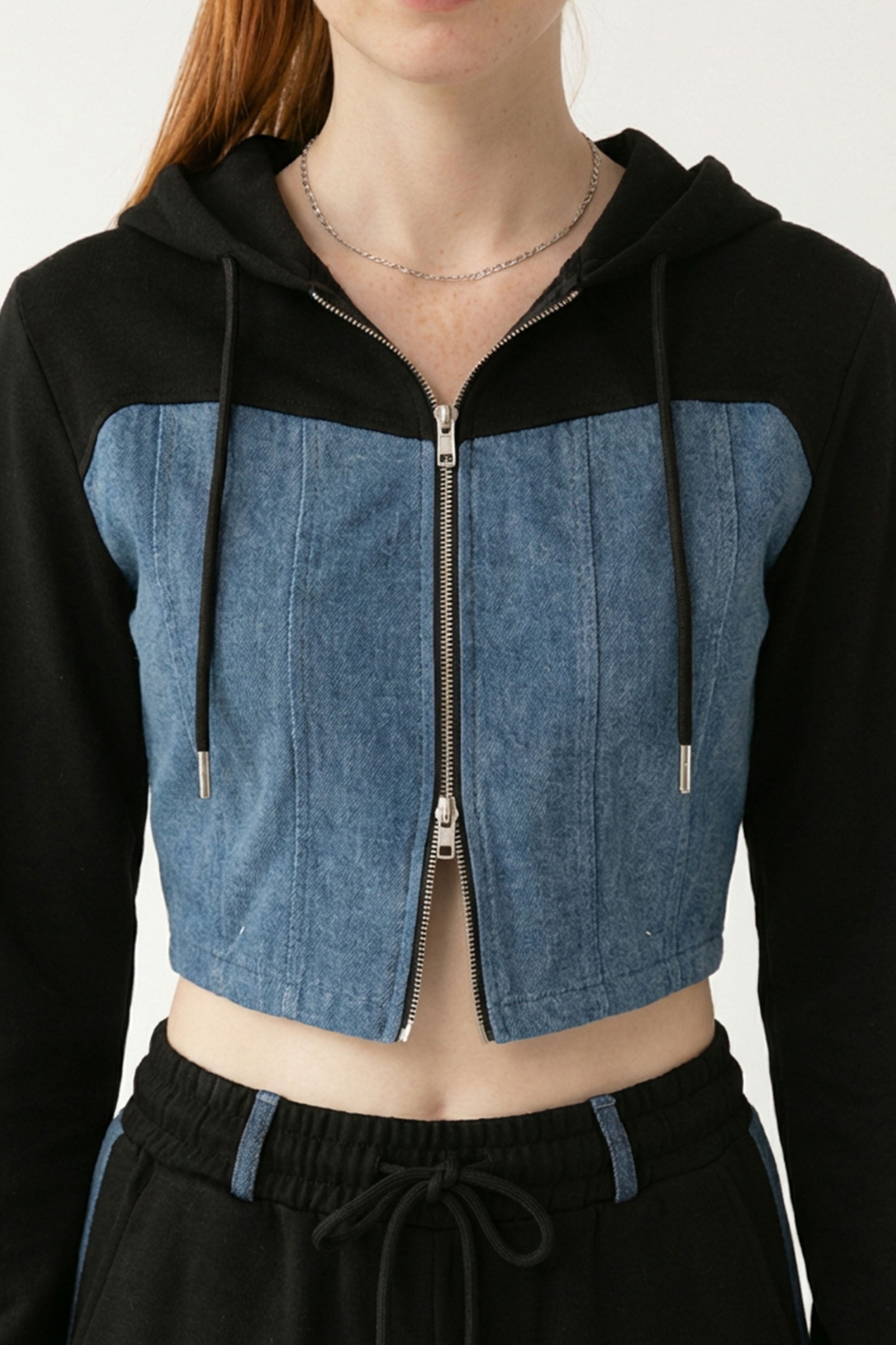 Denim Detail Cotton Tracksuit Set with Two-Way Zipper –  Black