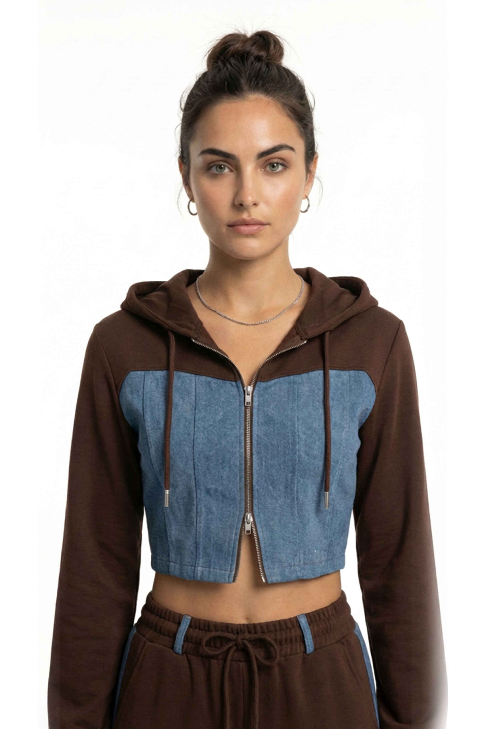 Denim Detail Cotton Tracksuit Set with Two-Way Zipper –  Brown