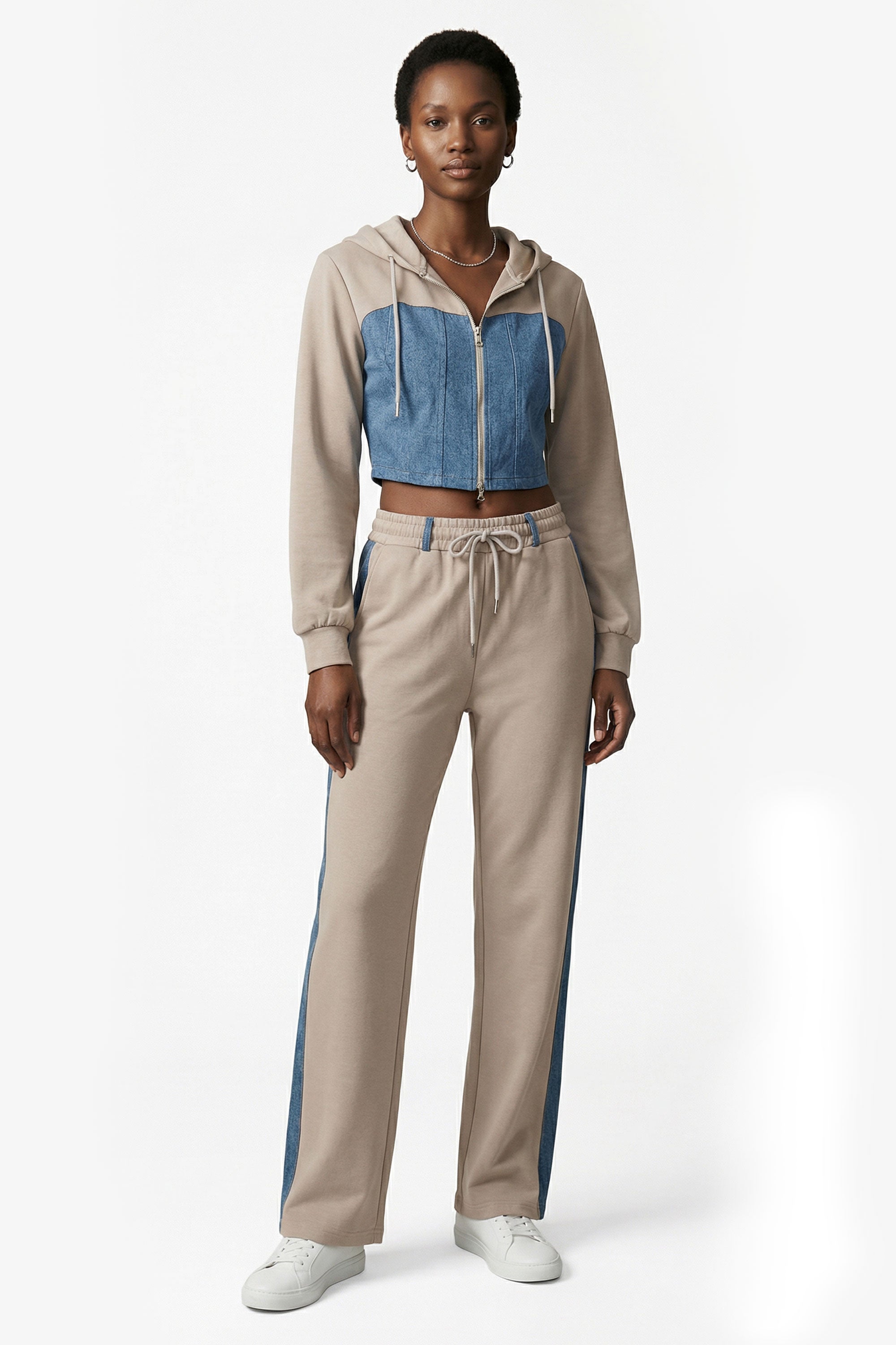 Denim Detail Cotton Tracksuit Set with Two-Way Zipper –  Light Beige