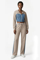 Denim Detail Cotton Tracksuit Set with Two-Way Zipper –  Light Beige