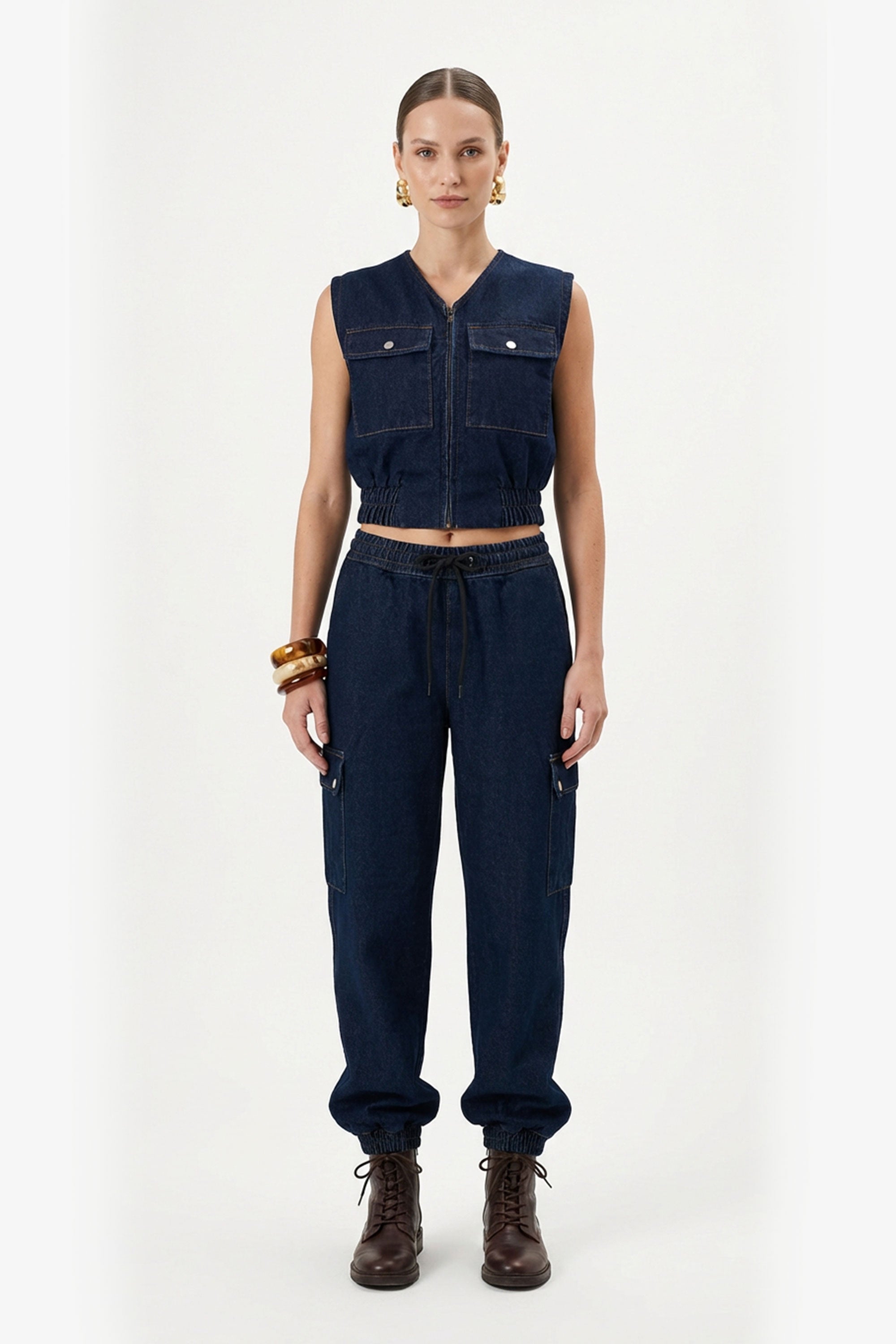 Denim Cargo Set with Cropped Vest