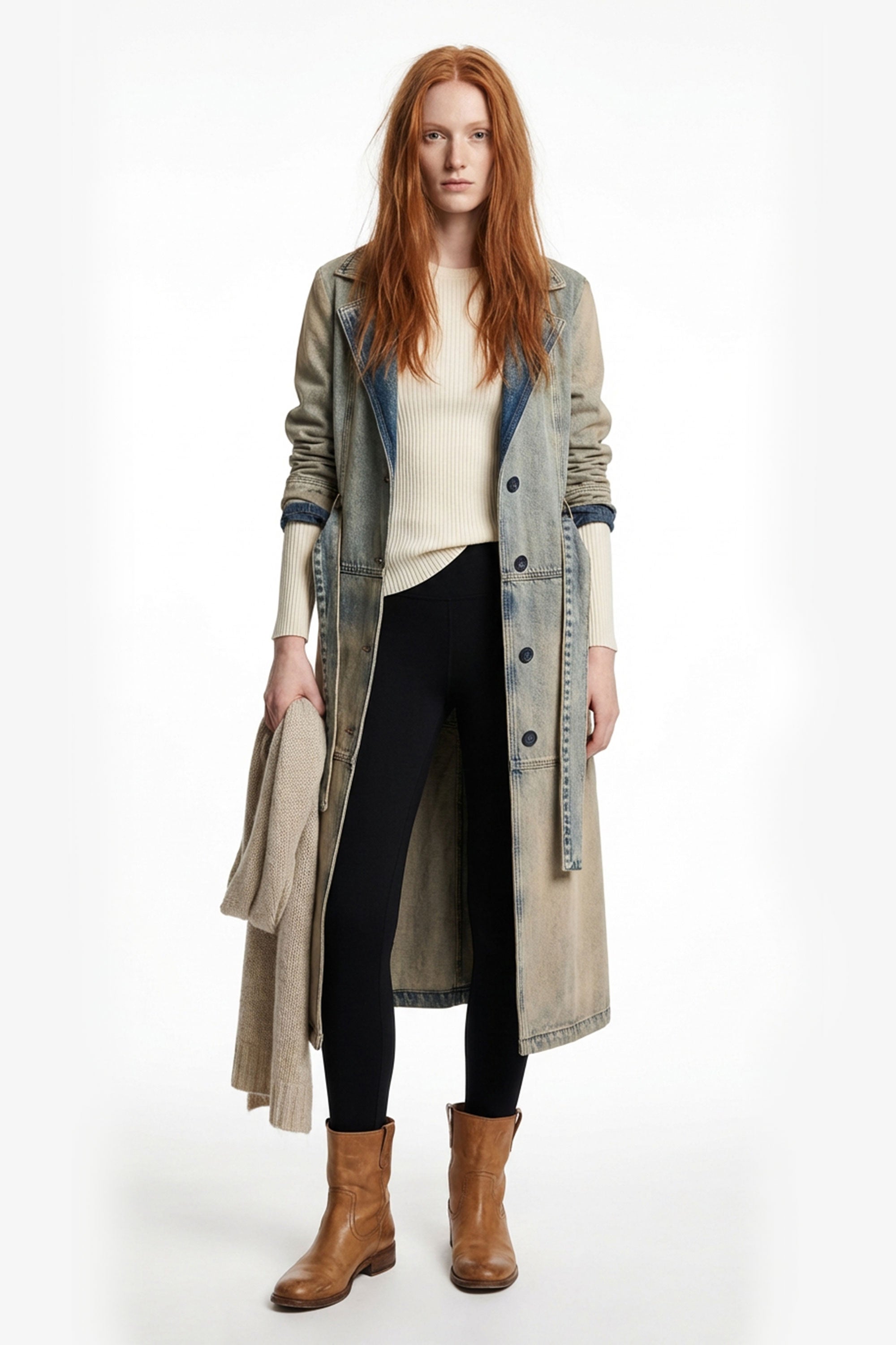 Flocked Denim Trench Coat - Vintage Wash