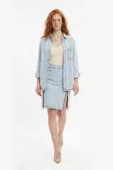 Denim Pencil Skirt with Front Slit - Light Blue
