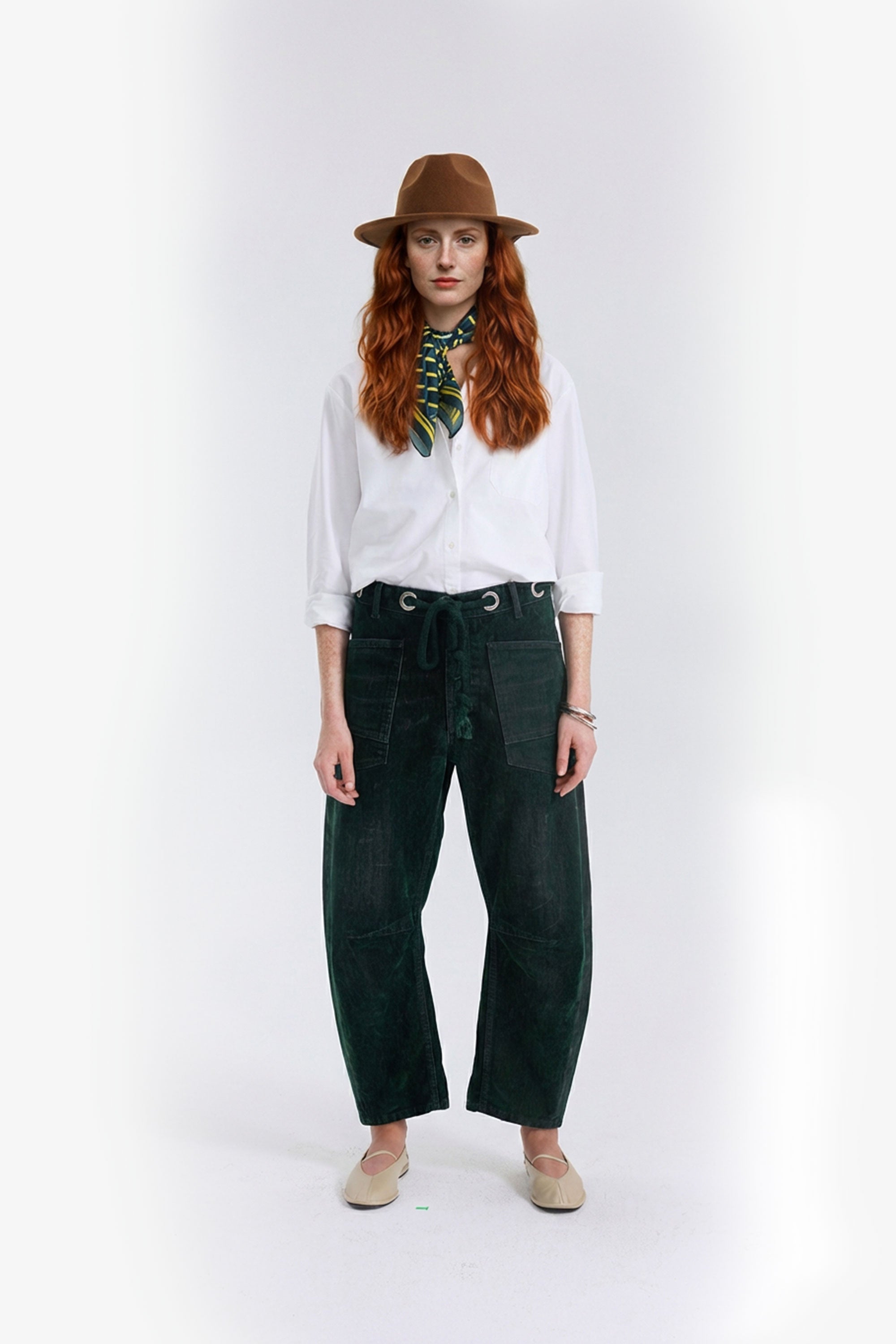 Flocked Pull-On Barrel Jeans – Green