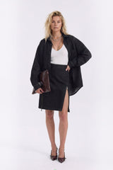 Denim Pencil Skirt with Front Slit - Black