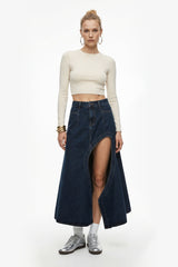 Denim Maxi Skirt with High Slit - Dark Indigo