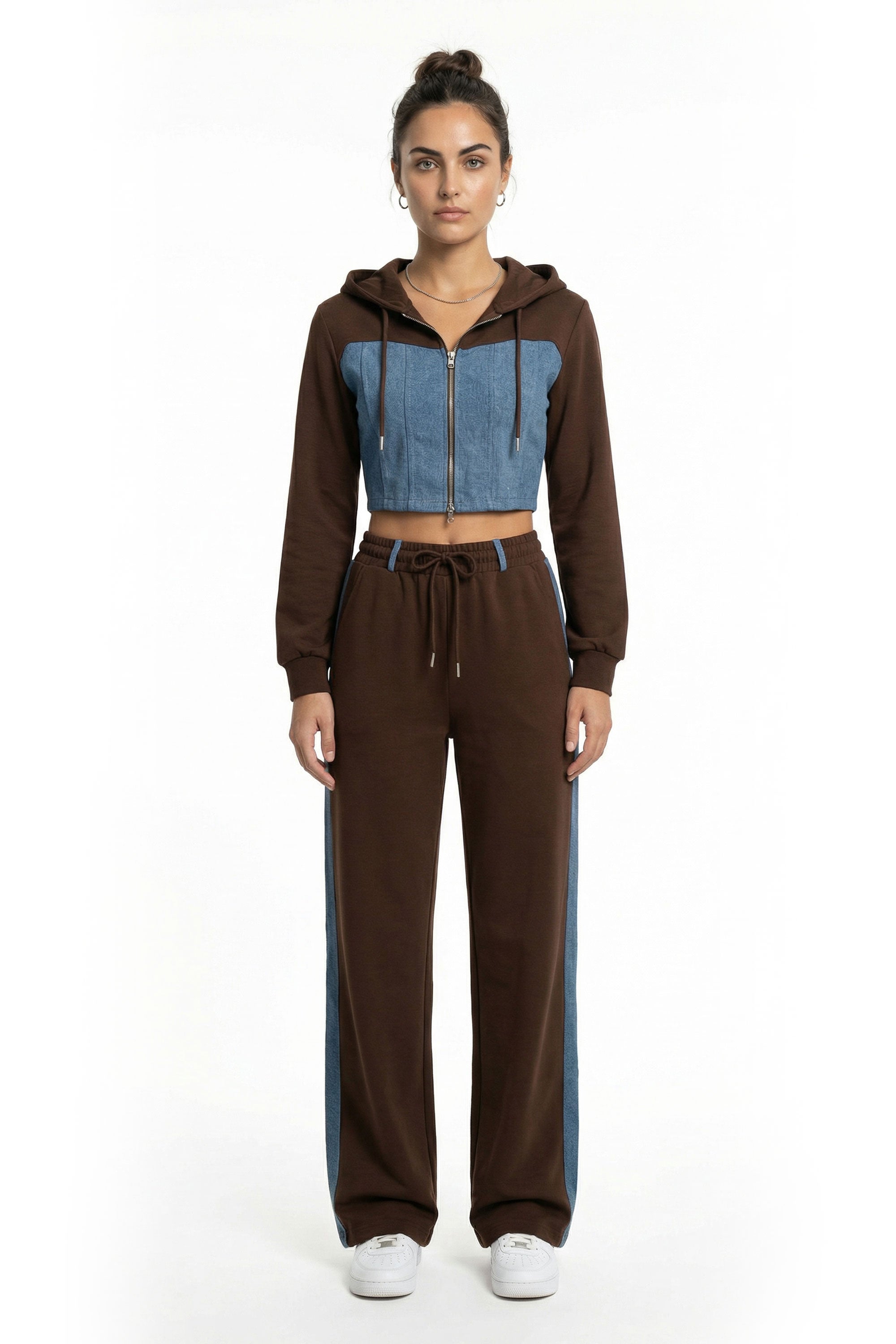Denim Detail Cotton Tracksuit Set with Two-Way Zipper –  Brown