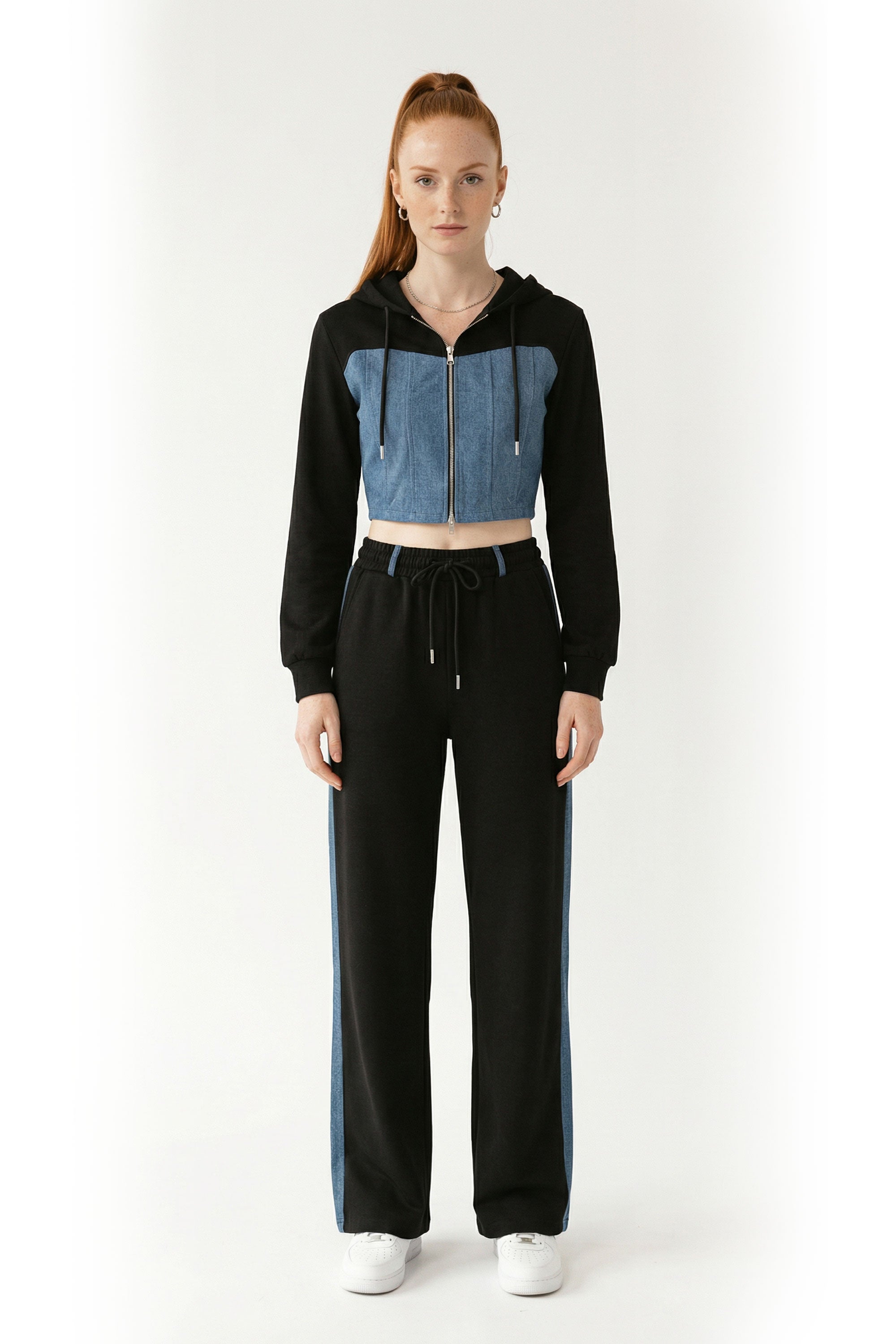 Denim Detail Cotton Tracksuit Set with Two-Way Zipper –  Black