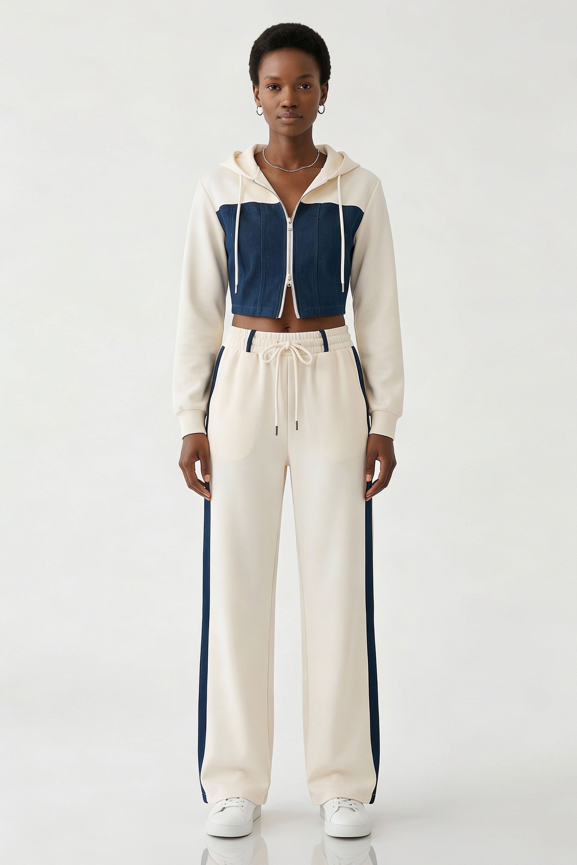 Denim Detail Cotton Tracksuit Set with Two Way Zipper – White