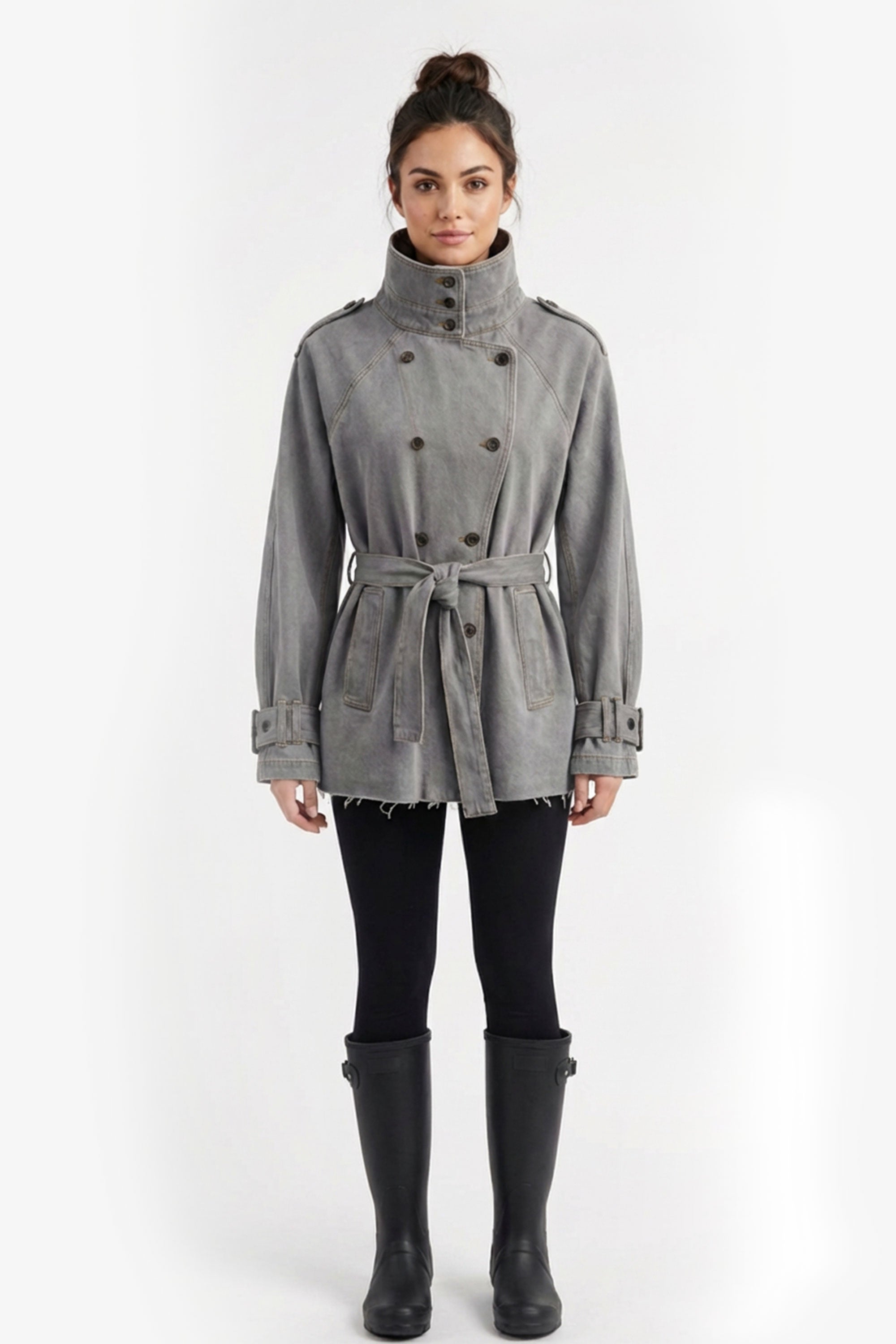 Denim Belted Short Trench Jacket - Gray
