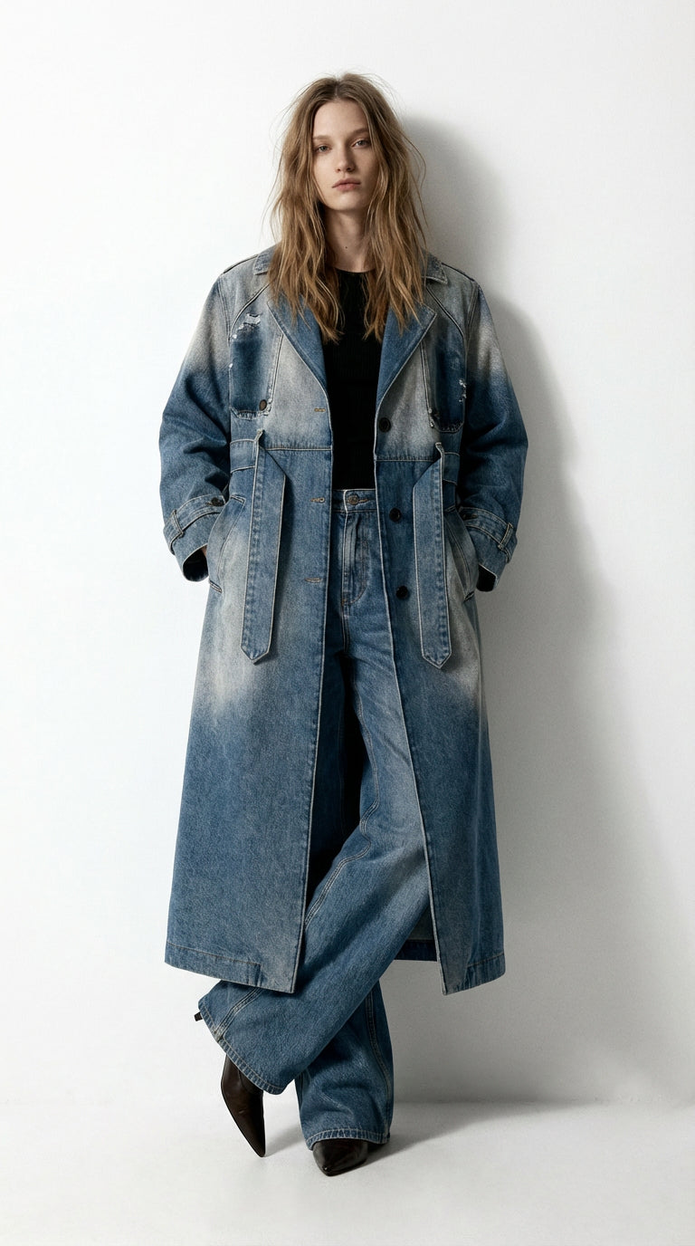 Oversized Denim Trench Coat - Vintage Washed