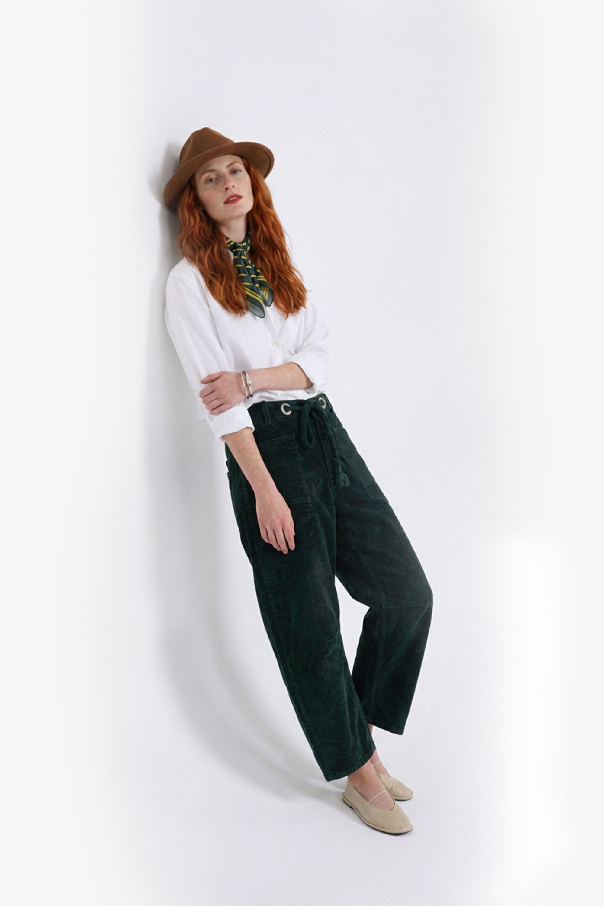 Flocked Pull-On Barrel Jeans – Green