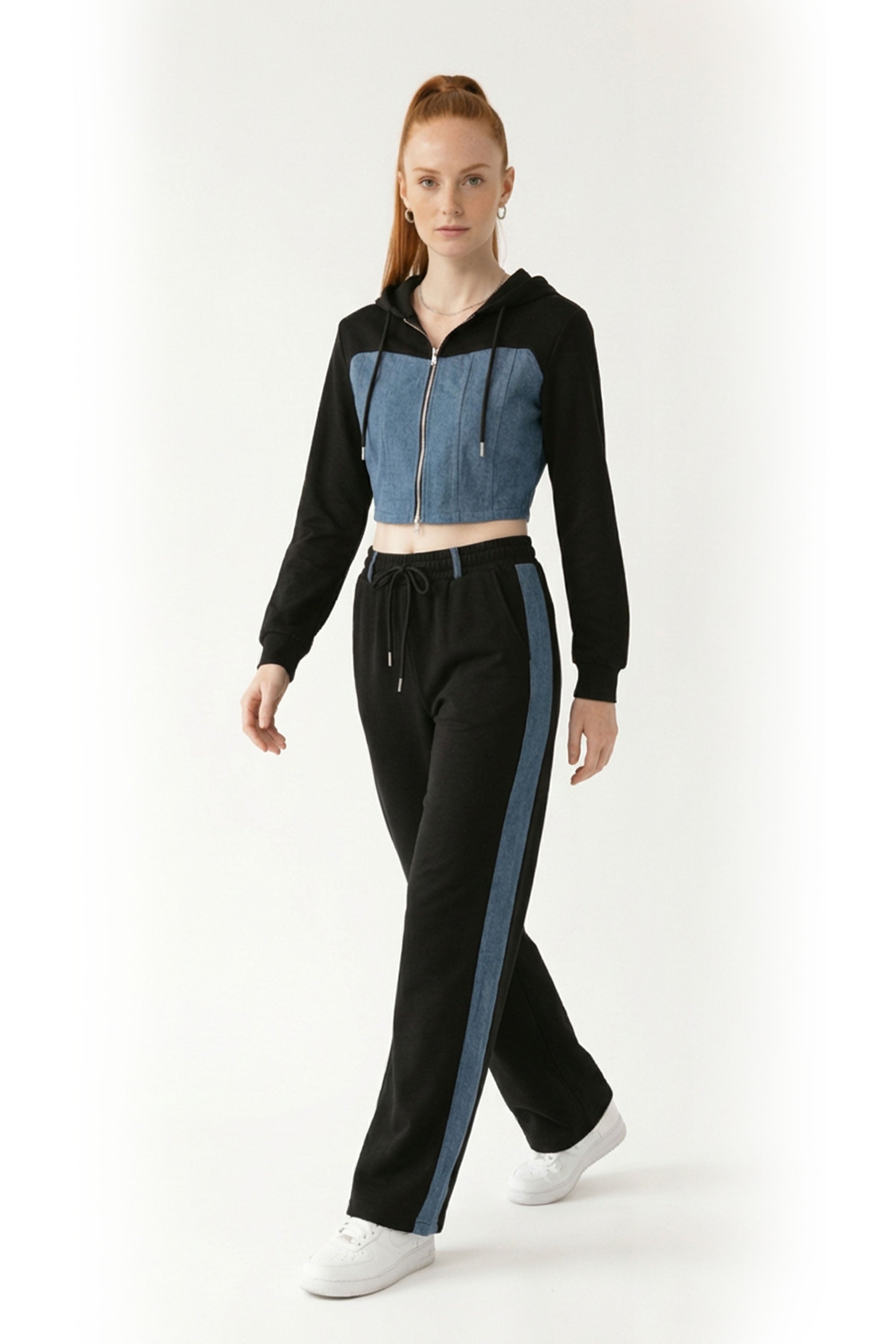 Denim Detail Cotton Tracksuit Set with Two-Way Zipper –  Black