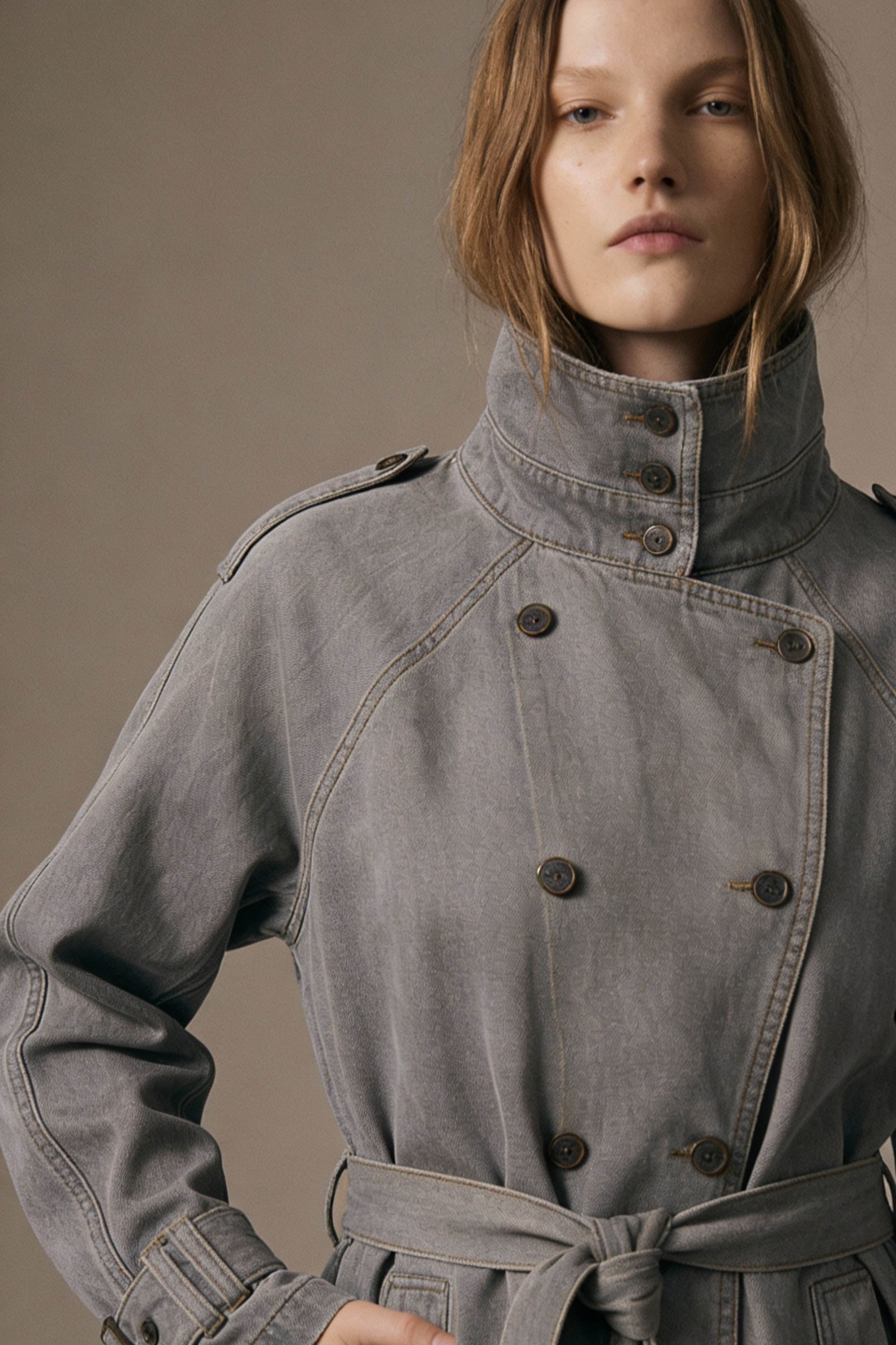 Denim Belted Short Trench Jacket - Gray