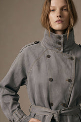 Denim Belted Short Trench Jacket - Gray