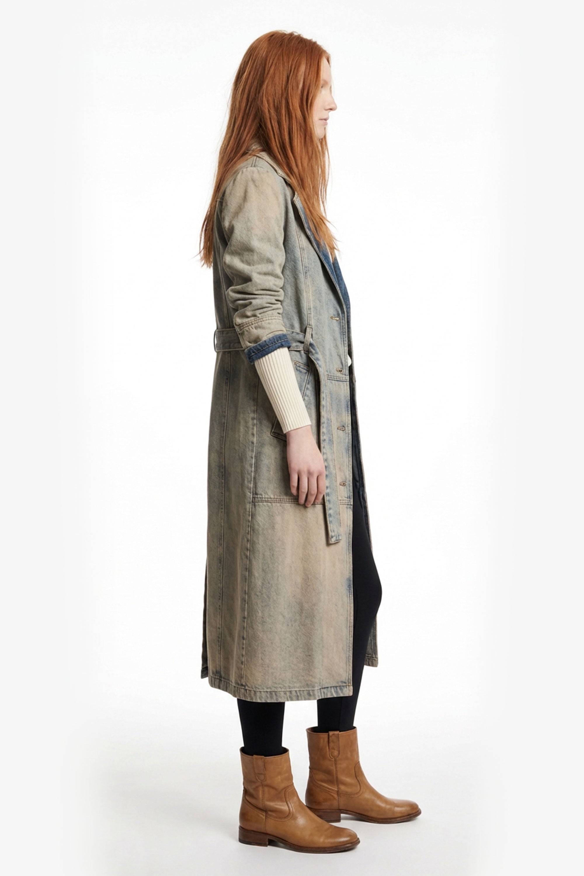 Flocked Denim Trench Coat - Vintage Wash