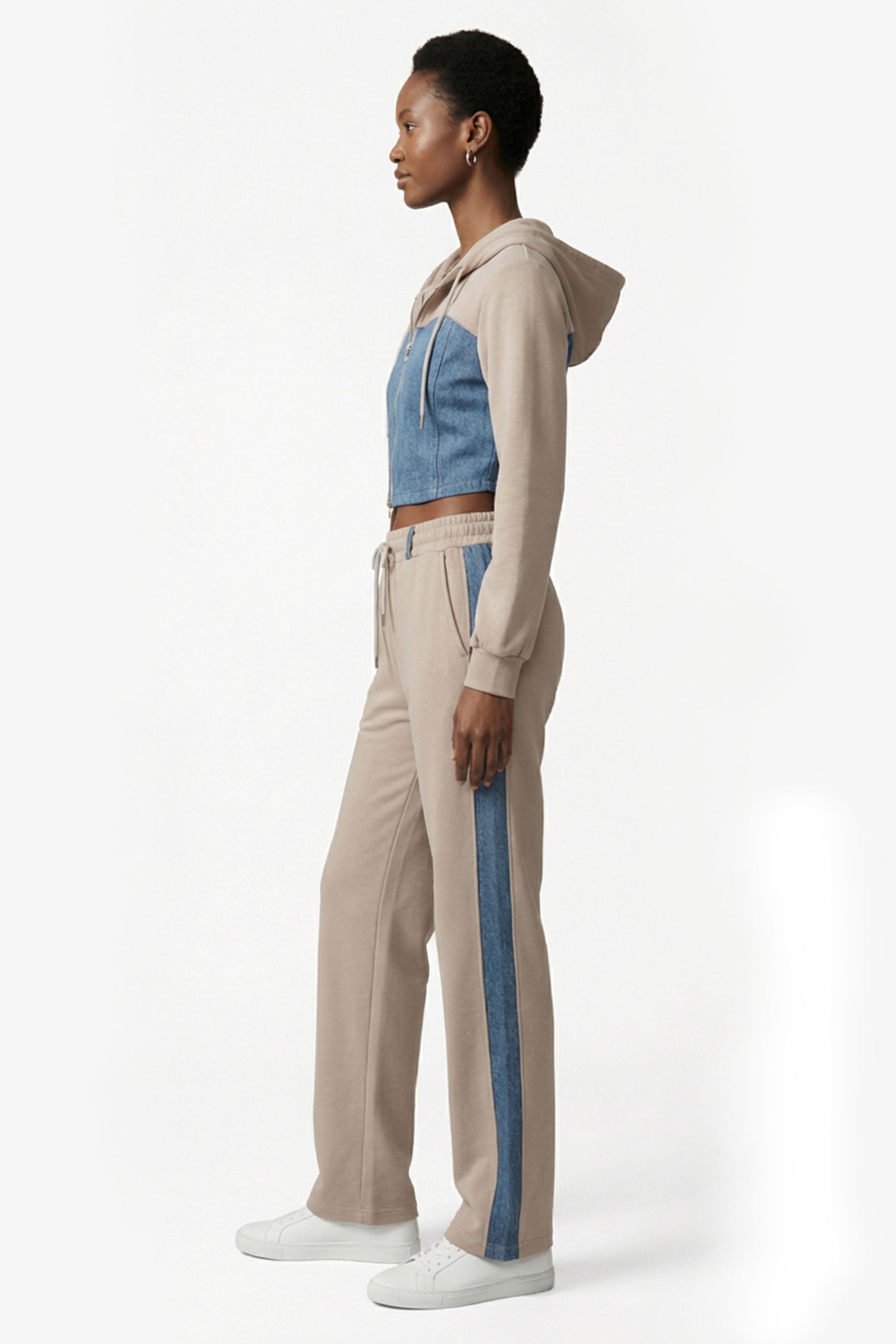 Denim Detail Cotton Tracksuit Set with Two-Way Zipper –  Light Beige