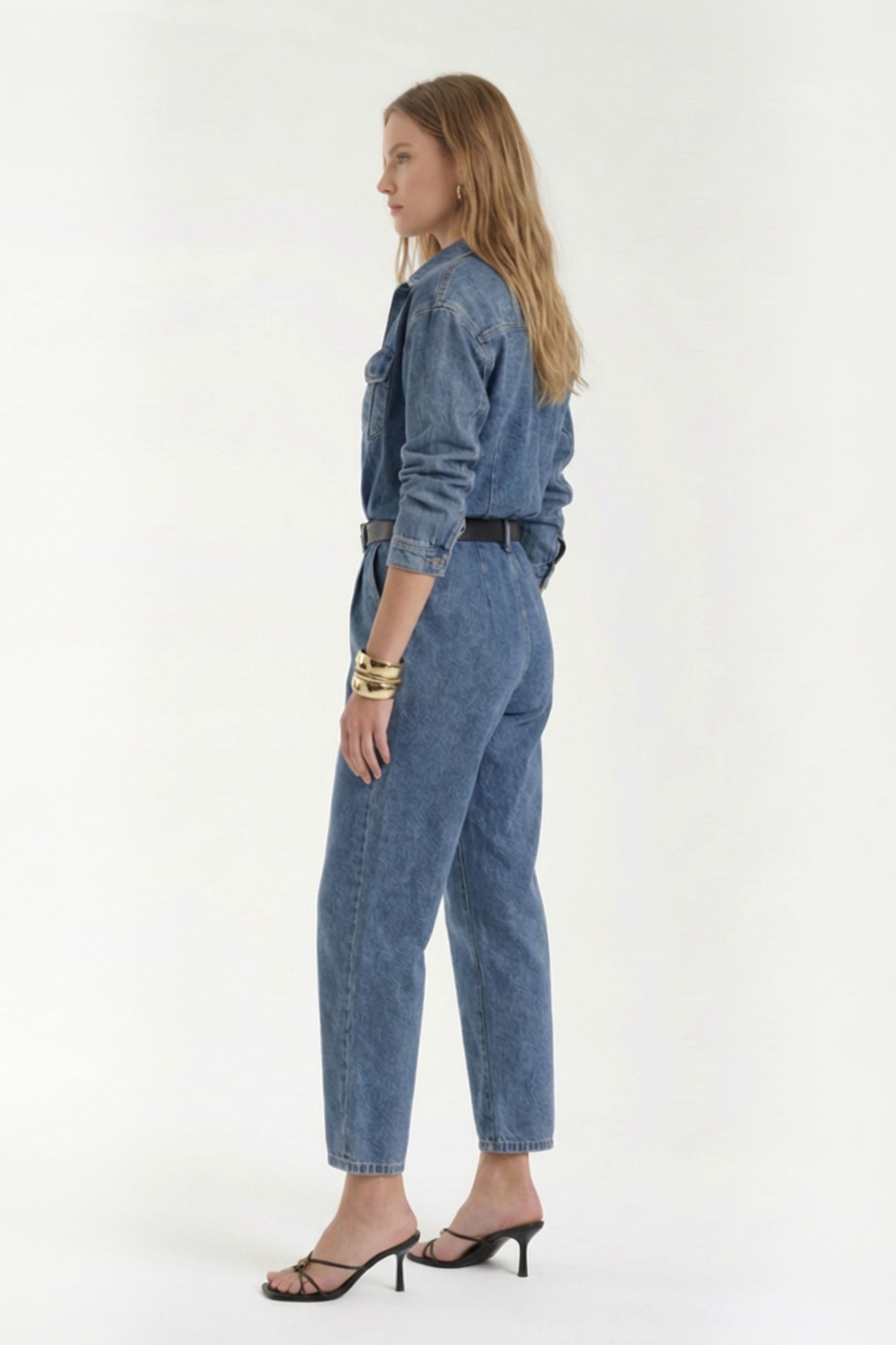 Denim Jumpsuit with Belted Waist