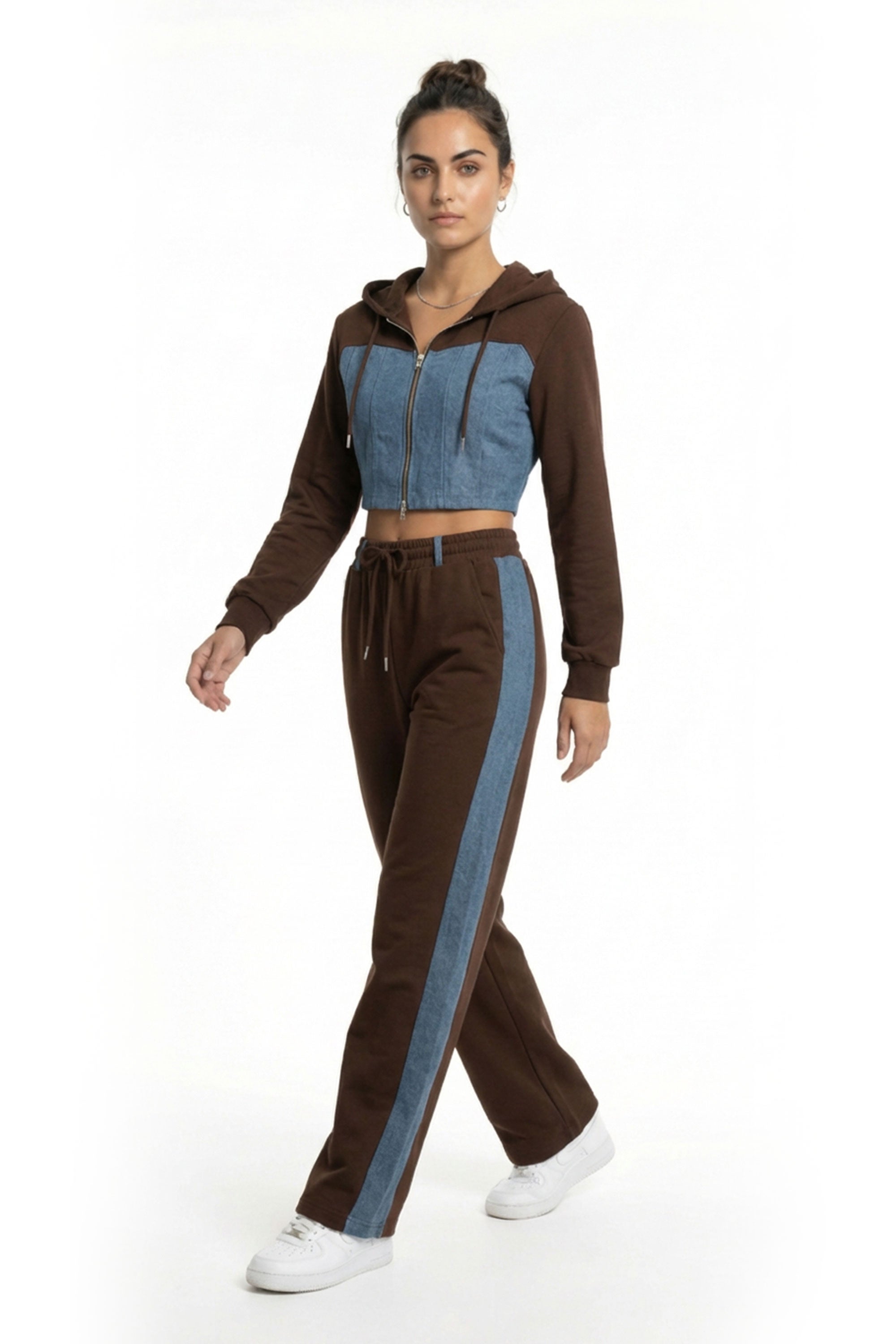 Denim Detail Cotton Tracksuit Set with Two-Way Zipper –  Brown