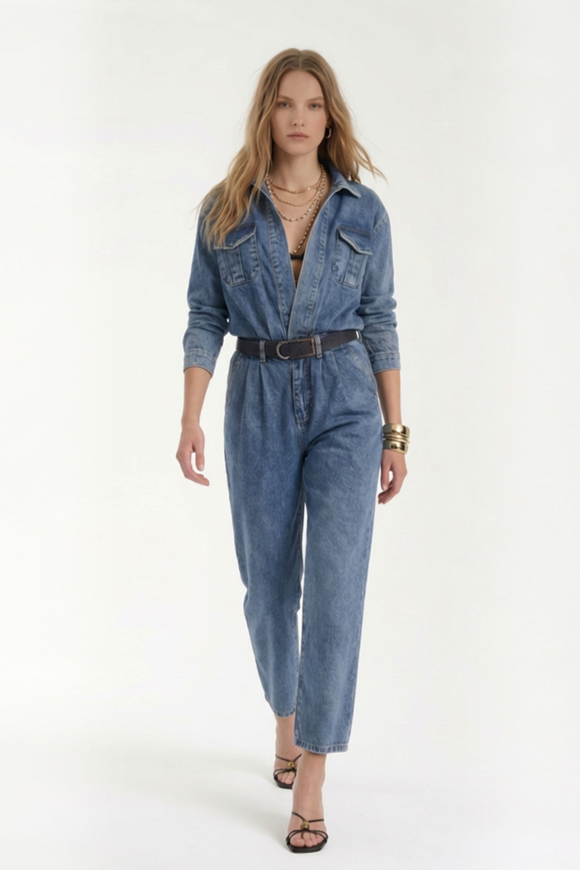 Denim Jumpsuit with Belted Waist